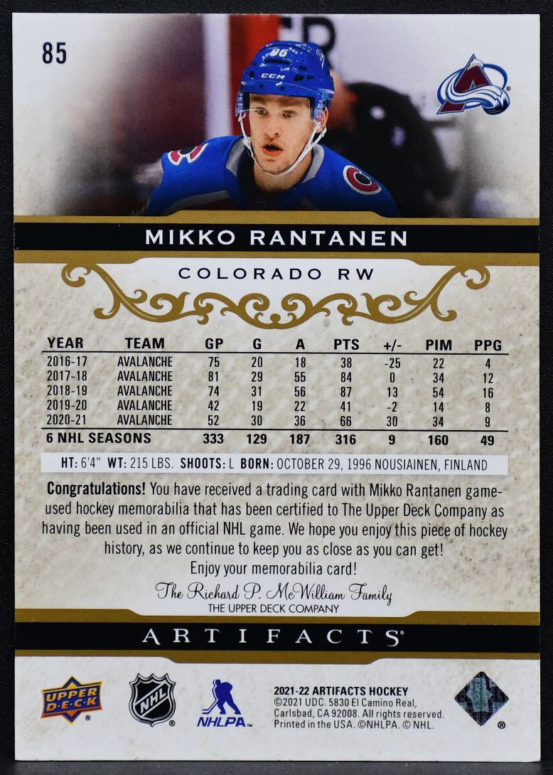 2021-22 Upper Deck Artifacts Material Gold Mikko Rantanen 85 081/249 Jersey 3047