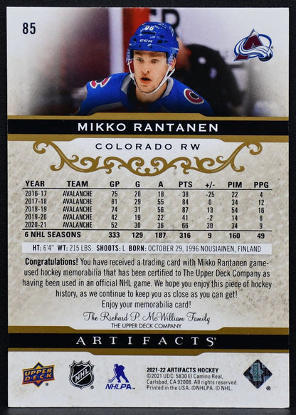 2021-22 Upper Deck Artifacts Material Gold Mikko Rantanen 85 081/249 Jersey 3047