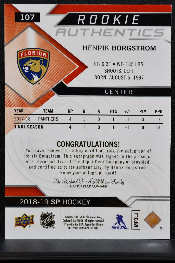 2018-19 SP Rookie Authentics Auto Henrik Borgstrom Florida Panthers RC Auto 2393