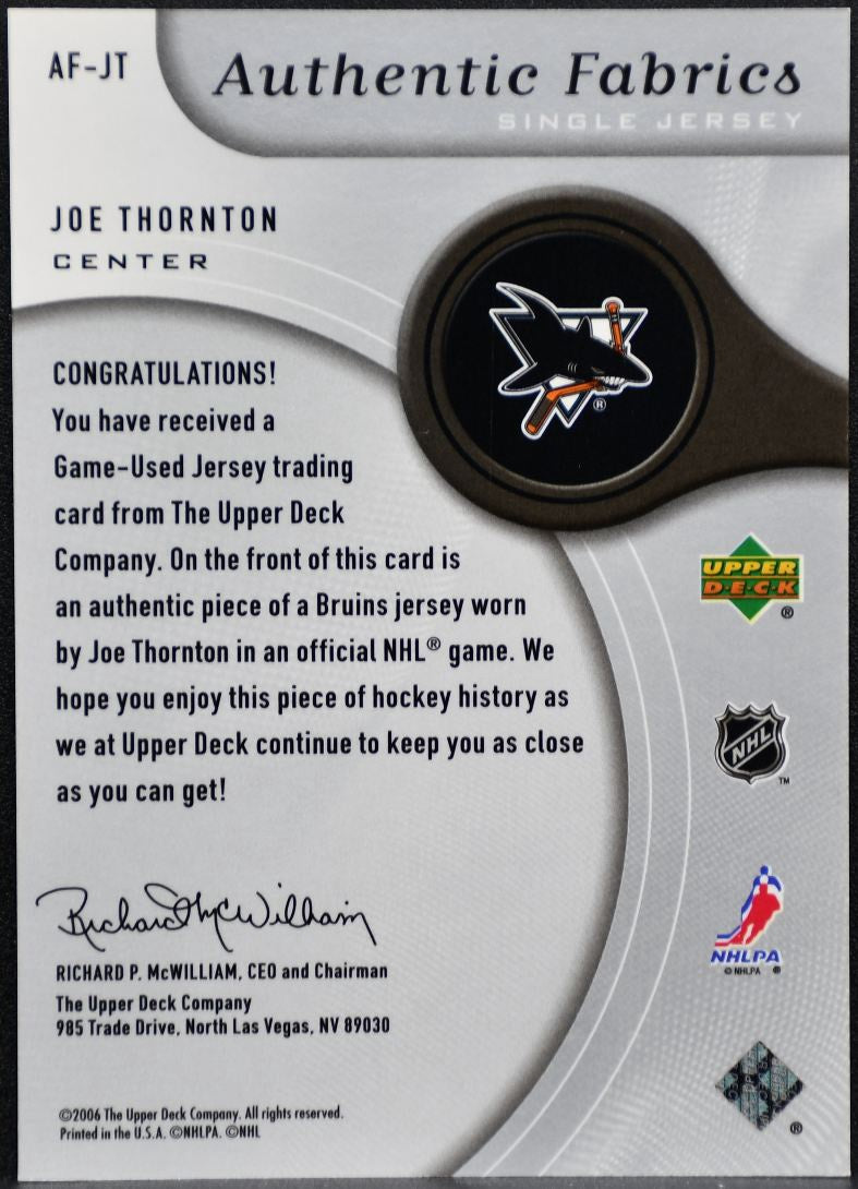 2006-07 SP Game Used Authentic Fabrics Joe Thornton Sharks Jersey 0542