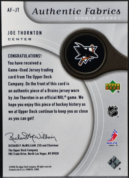 2006-07 SP Game Used Authentic Fabrics Joe Thornton Sharks Jersey 0542
