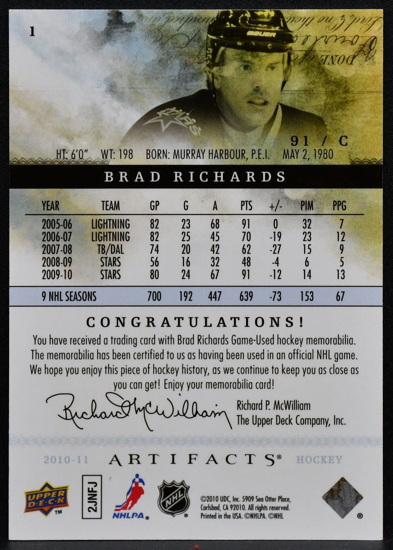 2010-11 UD Artifacts Bronze Jersey Brad Richards 1 Stars 124/150 Jersey 3282