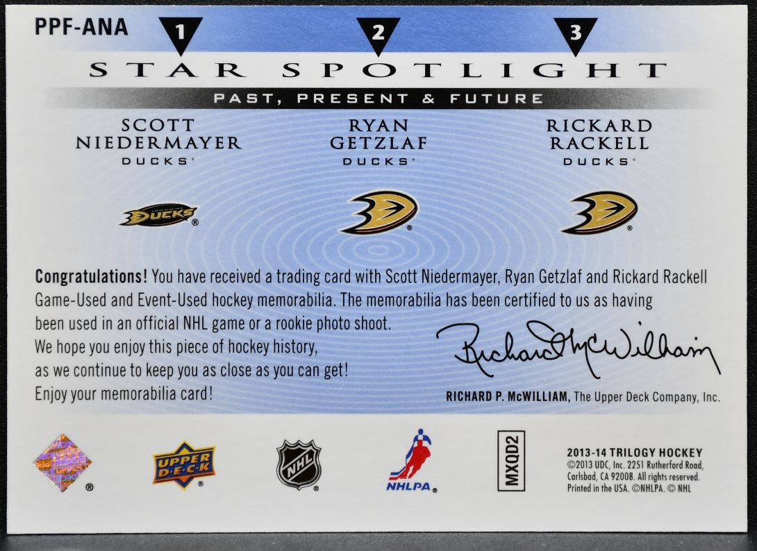 2013-14 UD Trilogy Three Star Spotlight Niedermayer/Getzlaf/Rakell Jersey 0413