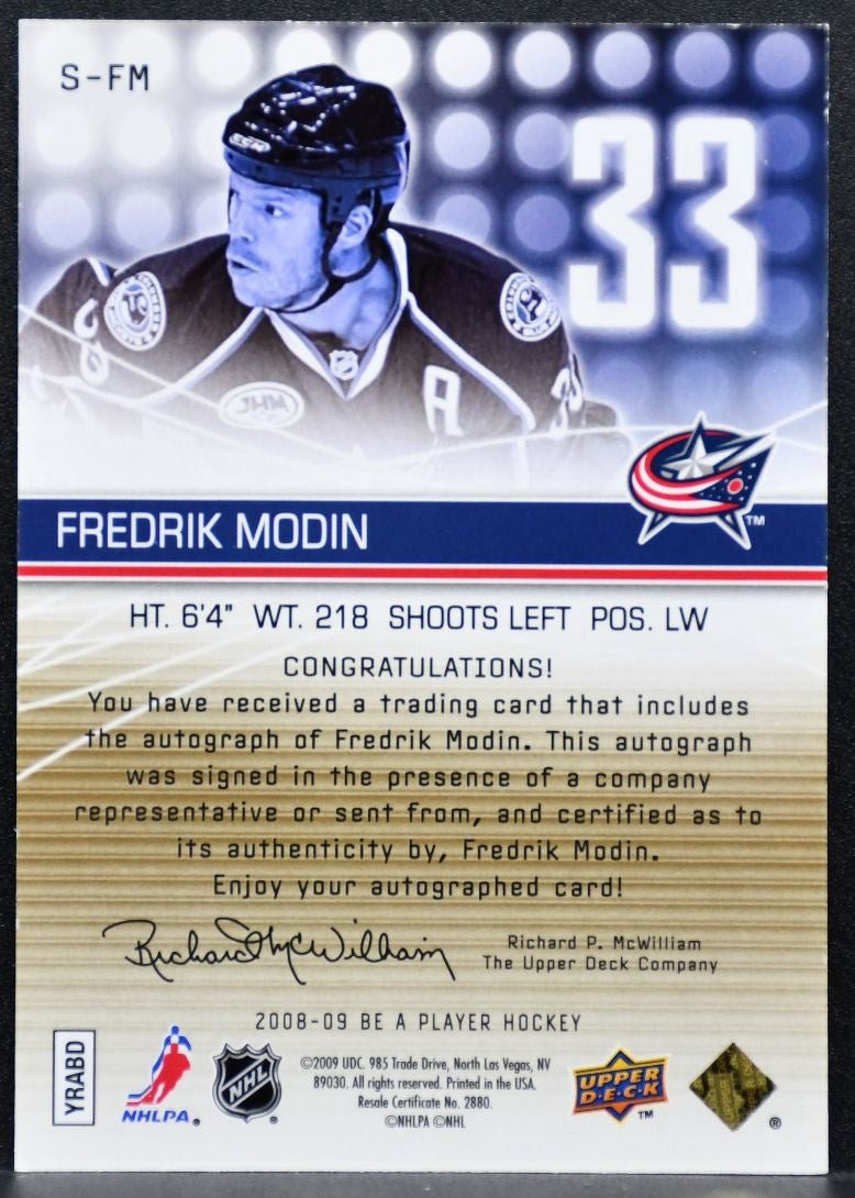 2008-09 UD Be a Player Signatures Player's Club Fredrik Modin Auto 02/15 7263