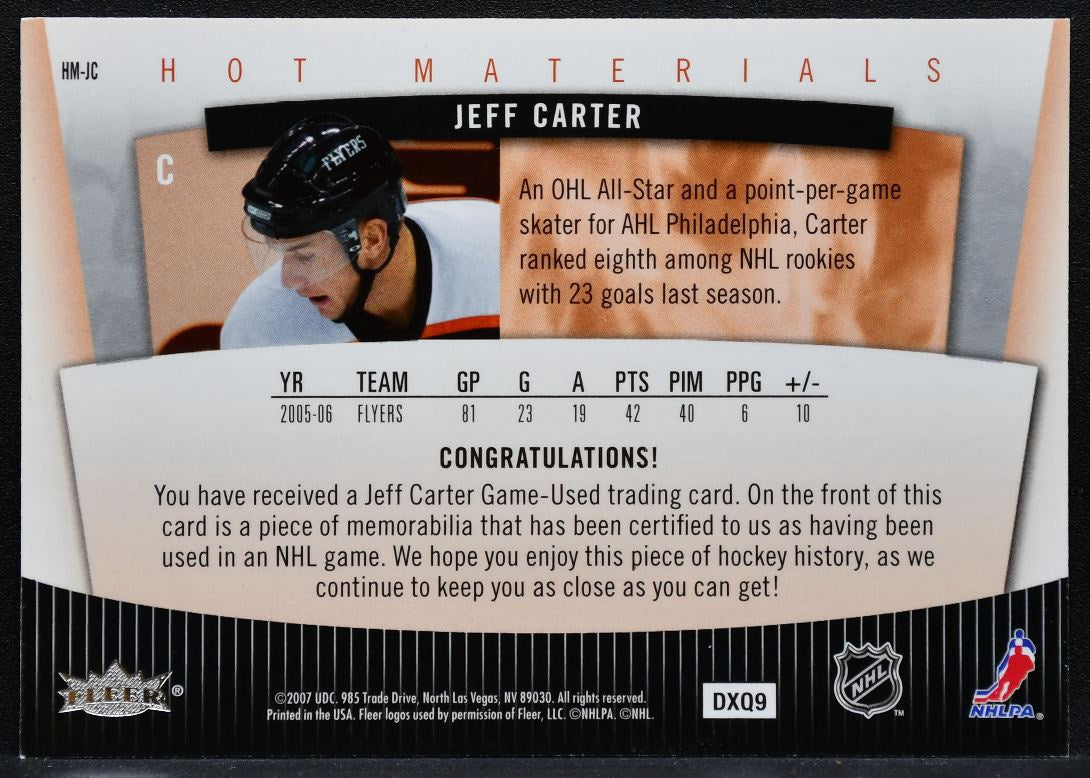 2007-08 Fleer Hot Prospects Materials Jeff Carter HM-JC Flyers Jersey 5593