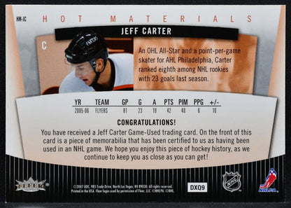 2007-08 Fleer Hot Prospects Materials Jeff Carter HM-JC Flyers Jersey 5593
