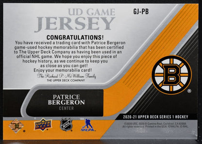 2020-21 UD Series 1 UD Game Jersey Patrice Bergeron GJ-PB Bruins Jersey 4015