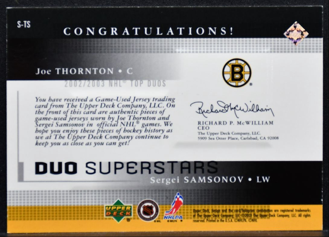 2002-03 UD Rookie Update Top Duo Superstars Thornton/Samsonov 82/99 Jersey 4268
