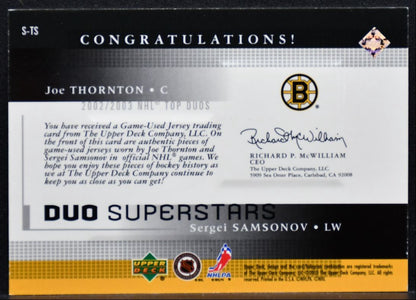 2002-03 UD Rookie Update Top Duo Superstars Thornton/Samsonov 82/99 Jersey 4268