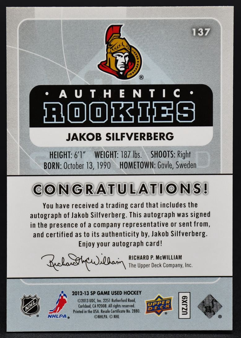 2012-13 SP Game Used Authentic Rookies Jakob Silfverberg 137 RC Auto