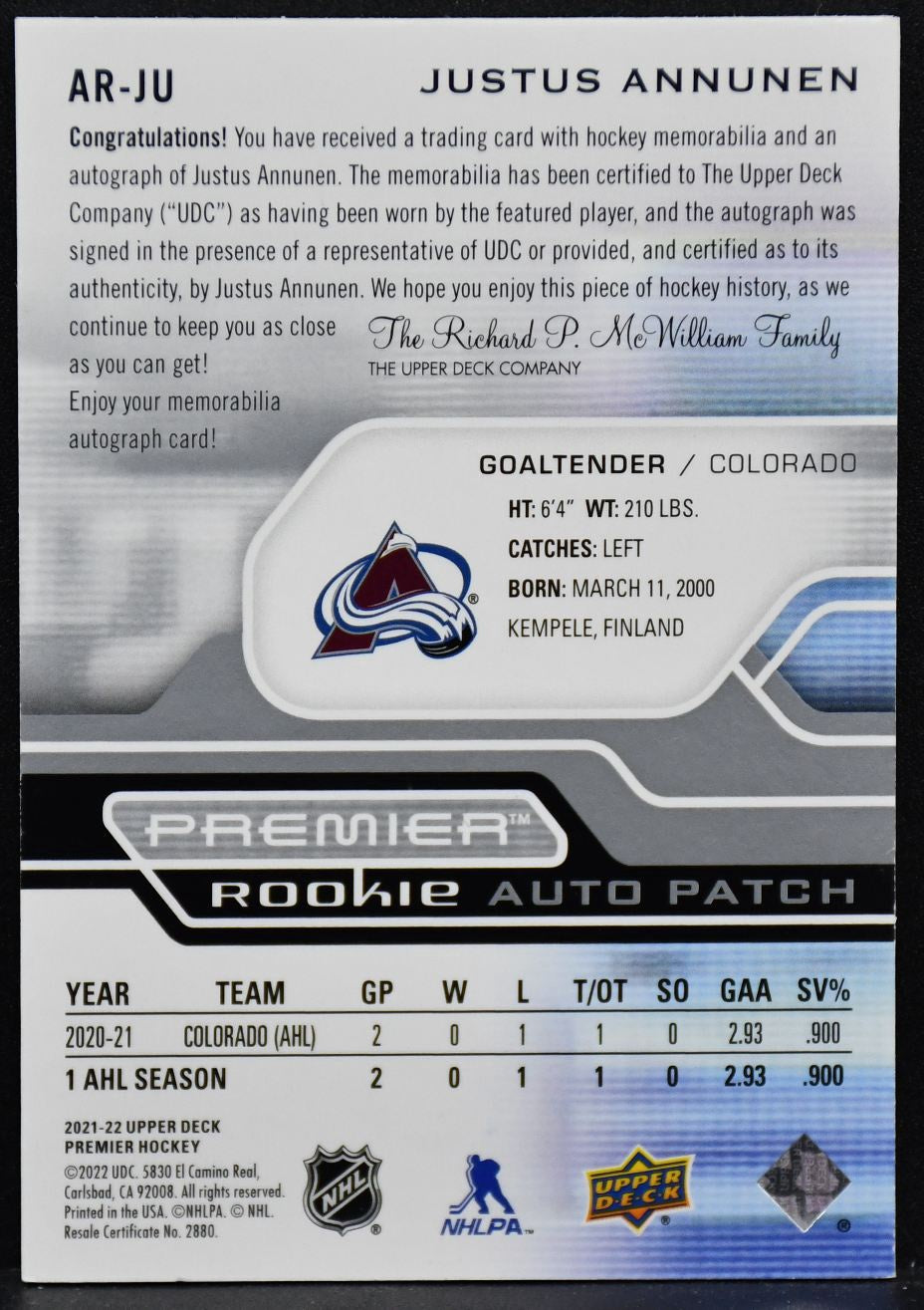 2021-22 UD Premier Acetate Rookie Auto Patch Justus Annunen AR-JU RC Auto /249