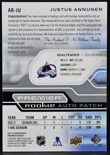 2021-22 UD Premier Acetate Rookie Auto Patch Justus Annunen AR-JU RC Auto /249
