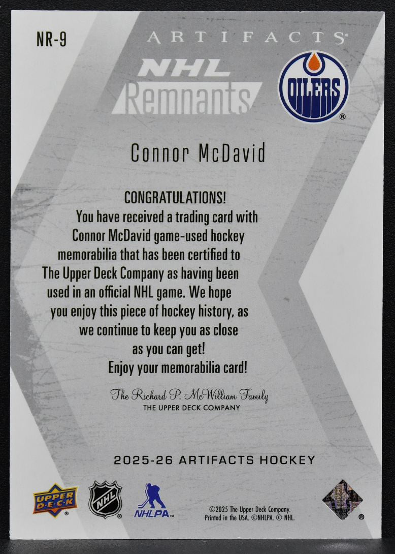 2025-26 Upper Deck Artifacts NHL Remnants Connor McDavid NR-9 Jersey 8593