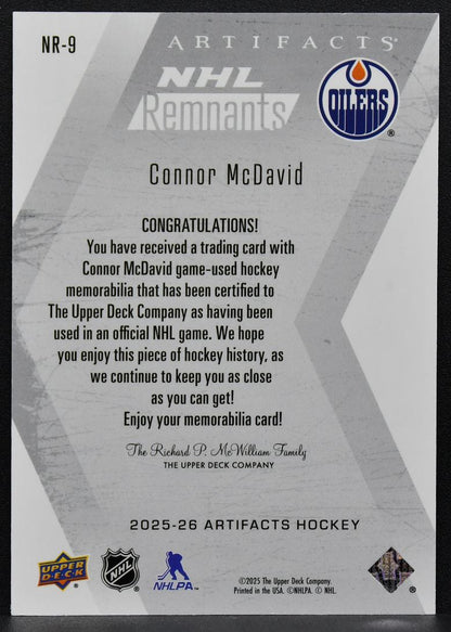 2025-26 Upper Deck Artifacts NHL Remnants Connor McDavid NR-9 Jersey 8593