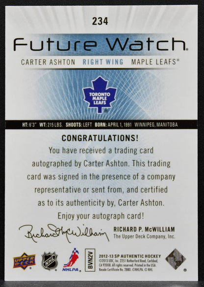 2012-13 SP Authentic Future Watch Auto Carter Ashton RC Auto 001/999 0376