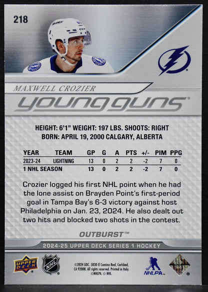 2024-25 UD Series 1 Young Guns Outburst Maxwell Crozier 218 RC