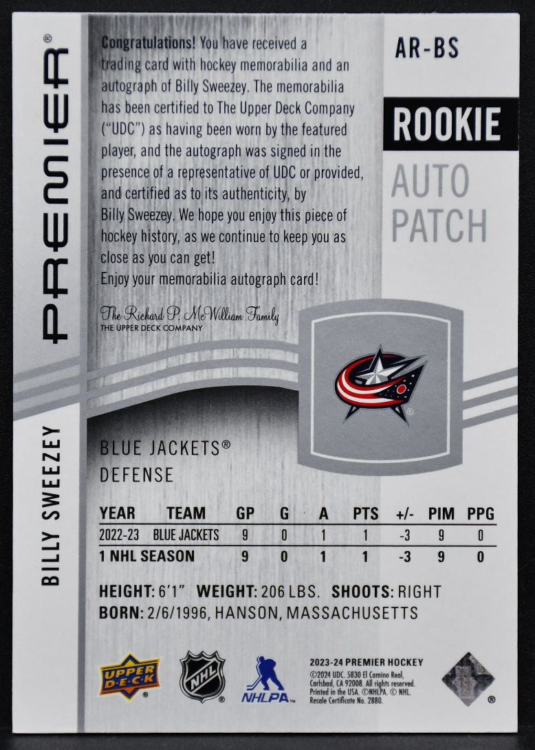 23-24 UD Premier Acetate RC Auto Patch Billy Sweezey Blue Jackets /249 Patch 5006