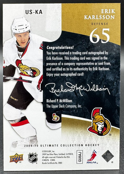 Carte autographiée Erik Karlsson US-KA des Sénateurs d'Ottawa, collection Ultimate UD 2011-2012