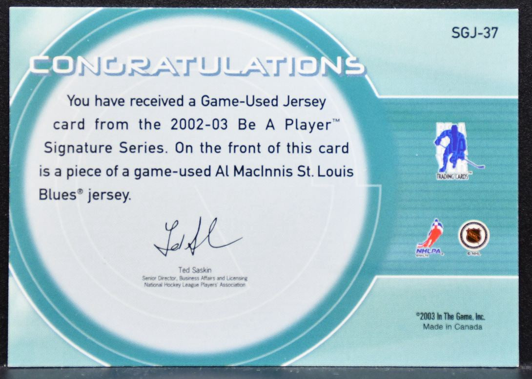 2002-03 Be A Player Signature Series Jersey AL MacInnis SGJ-37 Blues Jersey 8802