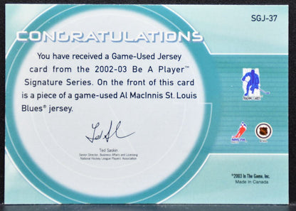2002-03 Be A Player Signature Series Jersey AL MacInnis SGJ-37 Blues Jersey 8802