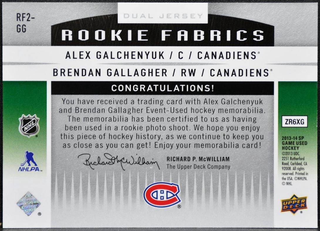 2013-14 SP Game Used Rookie Fabrics Dual Galchenyuk/Gallagher RC Jersey 8007