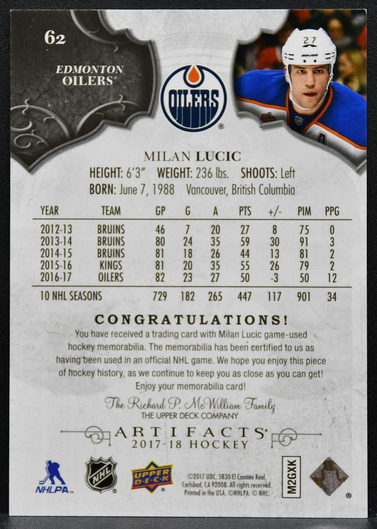2017-18 UD Artifacts Materials Silver Milan Lucic 62 Oilers 047/165 Jersey 9684
