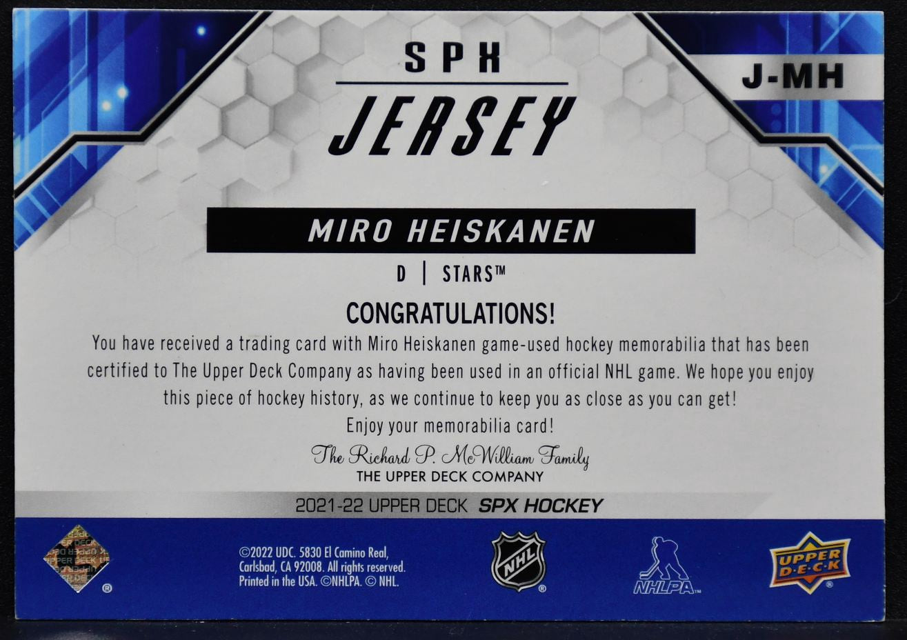 2021-22 SPx Jerseys Miro Heiskanen J-MH Dallas Stars Jersey