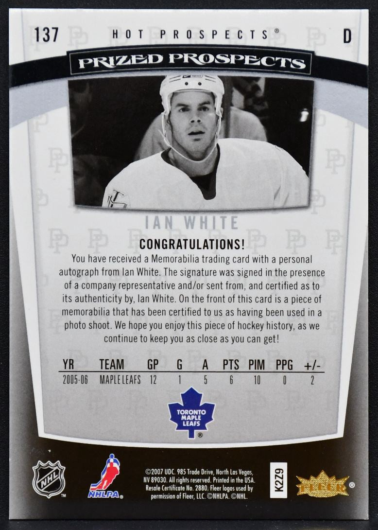 2006-07 Fleer Hot Prospects Prized White Maple Leafs RC Auto 039/599 Patch 0133