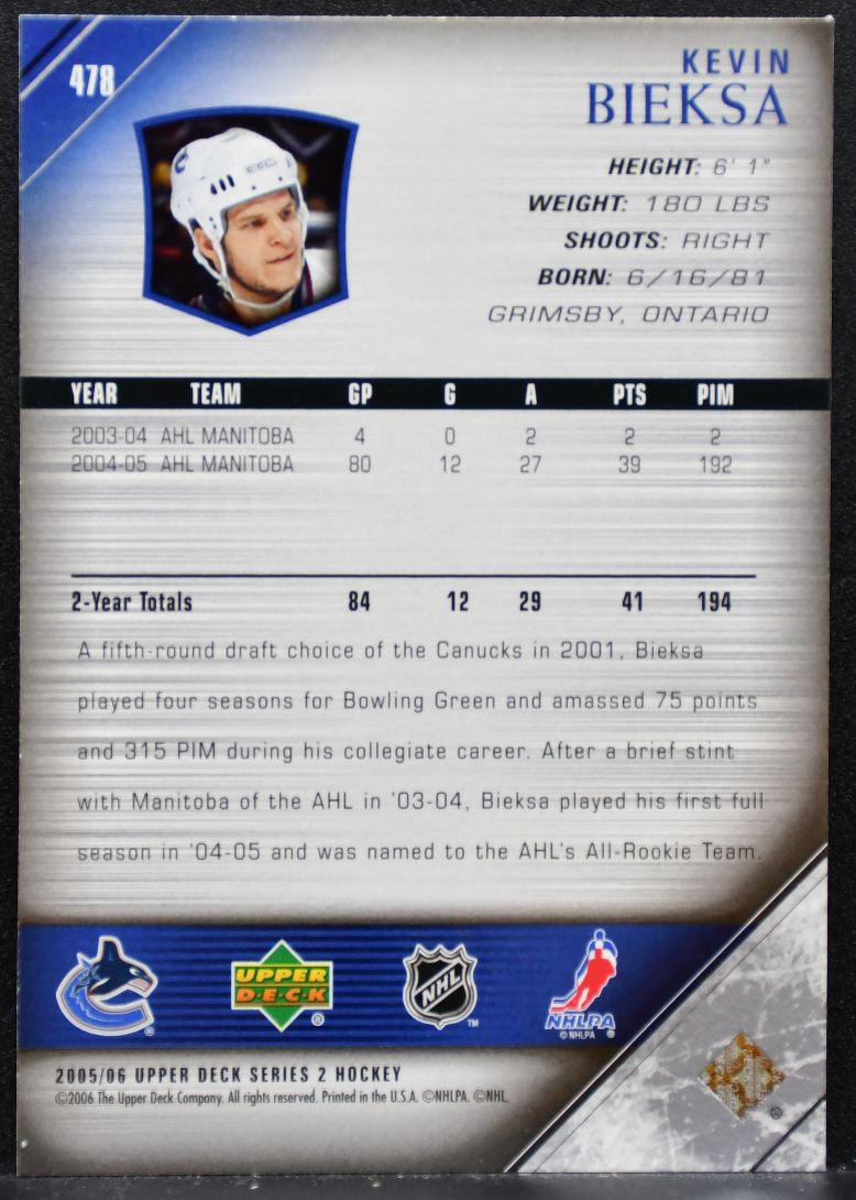 2005-06 Upper Deck Series 2 Young Guns Kevin Bieksa Vancouver Canucks RC 8222