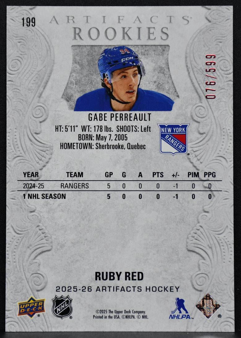 2025-26 UD Artifacts Ruby Red Gabe Perreault 199 New York Rangers RC 076/599 4763
