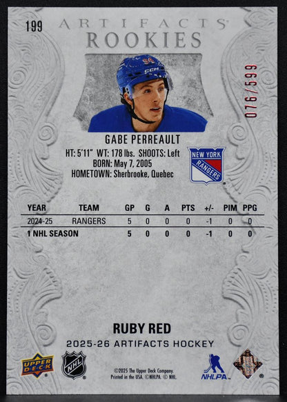 2025-26 UD Artifacts Ruby Red Gabe Perreault 199 New York Rangers RC 076/599 4763