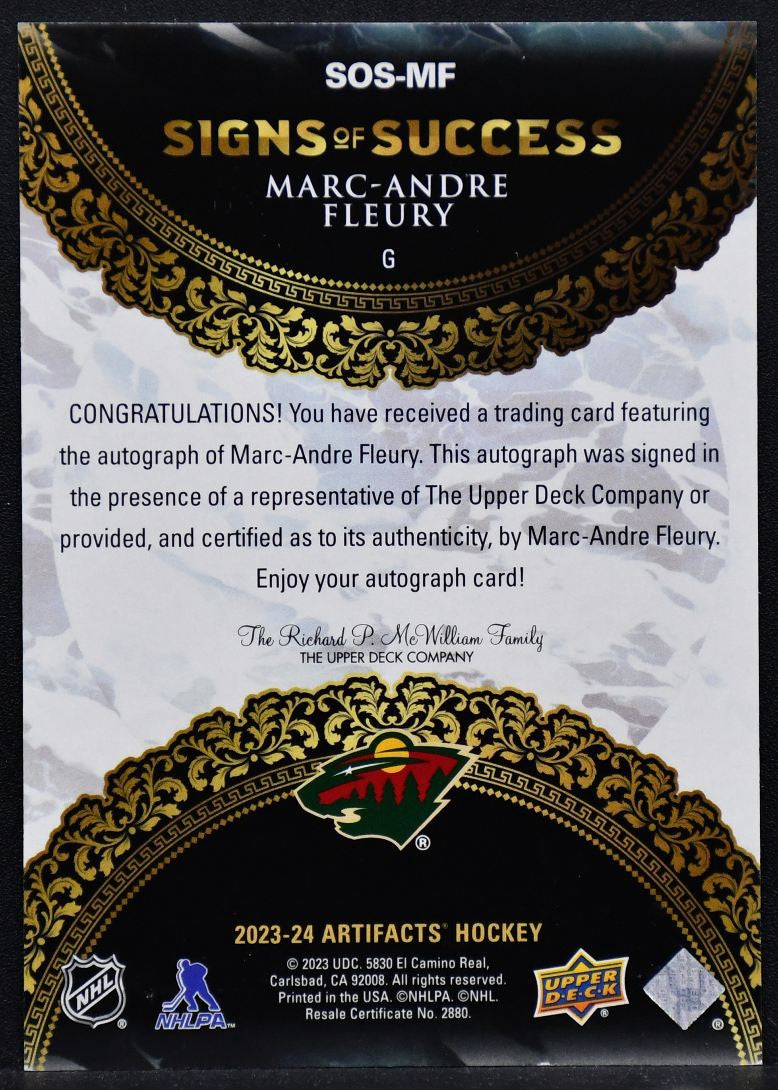 23-24 UD Artifacts Signs of Success Marc-Andre Fleury SOS-MF Wild Auto 47/49 5716