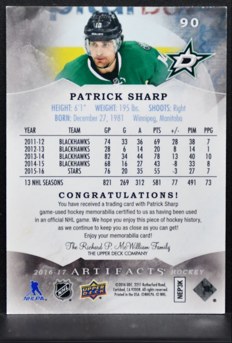 2016-17 UD Artifacts Materials Silver Patrick Sharp 90 Stars 109/125 Jersey 4749
