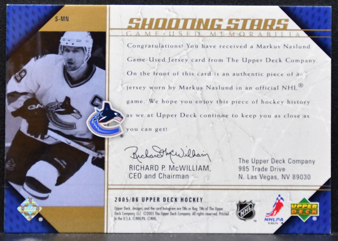 2005-06 Upper Deck Shooting Stars Markus Naslund Vancouver Canucks Jersey 8819