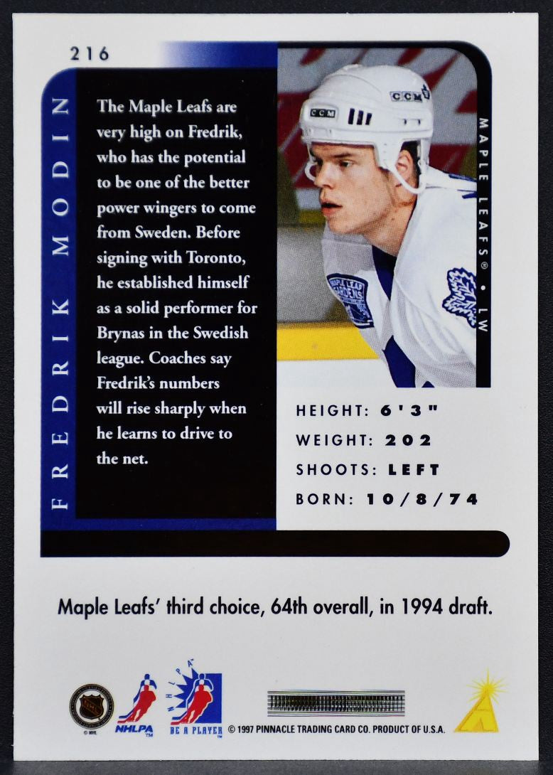 1996-97 Pinnacle Be a Player Autographs Fredrik Modin 216 Maple Leafs Auto 9888