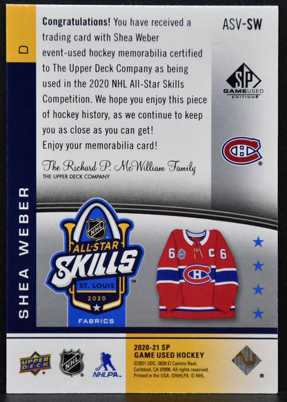 20-21 SP Game Used NHL All-Star Skills Fabrics Shea Weber Canadiens Jersey 6828