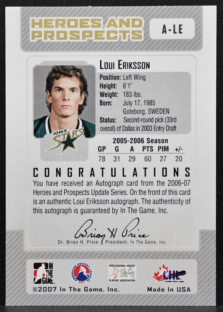 2006-07 In The Game Heroes and Prospects Auto Loui Eriksson Iowa Stars Auto 9787