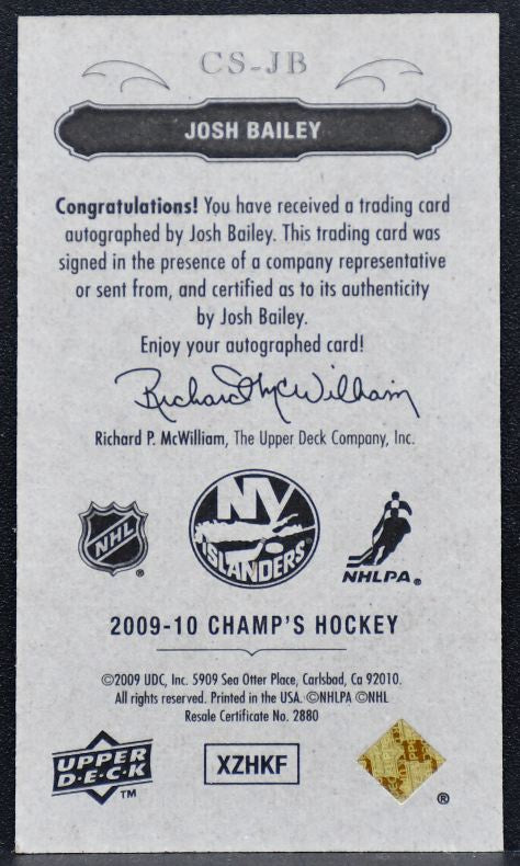 2009-10 Upper Deck Champ's Signatures mini Josh Bailey CS-JB Islanders Auto 1349