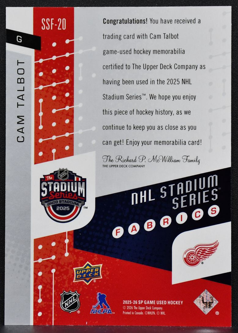 2025-26 SP Game Used Stadium Series Fabrics Cam Talbot SSF-20 Jersey 6841