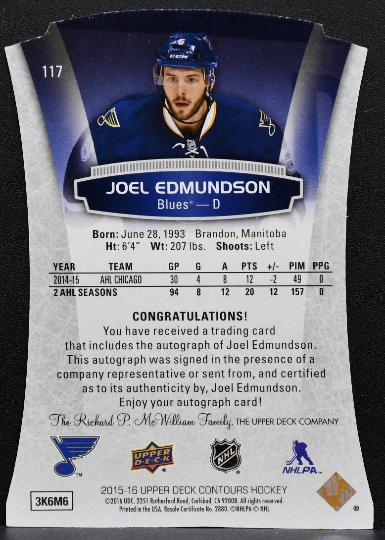 2015-16 UD Contours Rookies Joel Edmundson 117 Blues RC Auto 118/499 2201