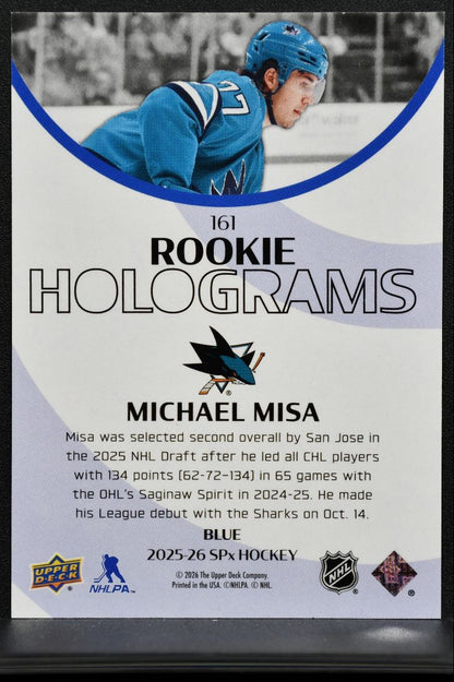 2025-26 SPx Holograms Rookie Blue Michael Misa 161 San Jose Sharks 11/25 4335