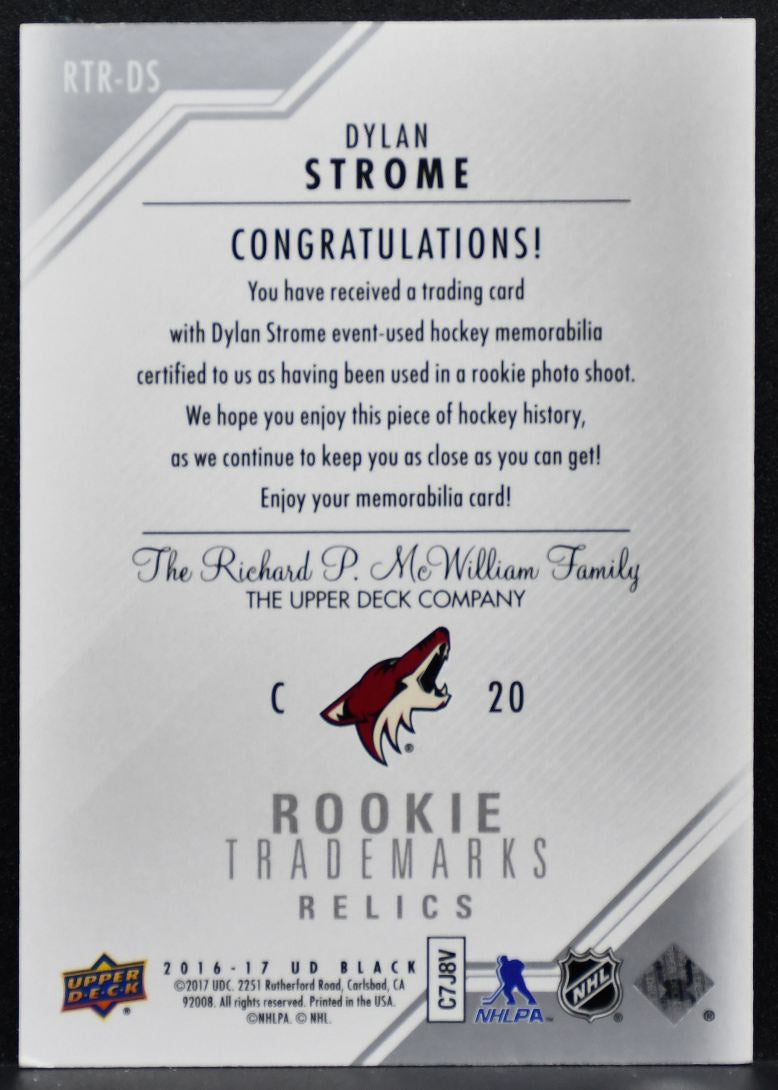 2016-17 UD Black Rookie Trademarks Relics Dylan Strome RC Jersey 7775