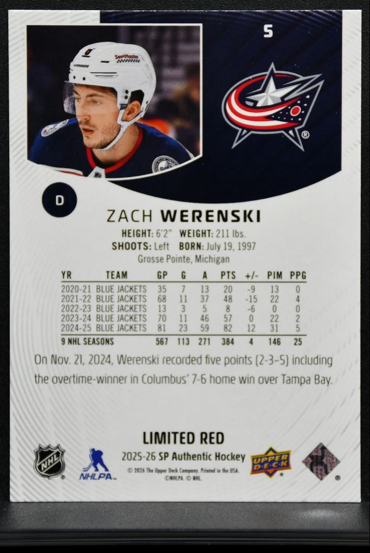 2025-26 SP Authentic Limited Red Zach Werenski 5 Columbus Blue Jackets 9218