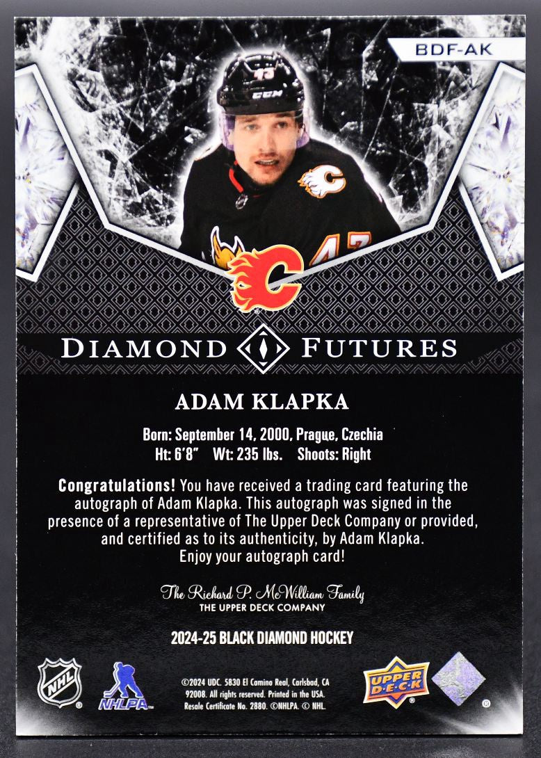 2024-25 UD Black Diamond Adam Klapka BDF-AK Calgary Flames RC Auto 54/99
