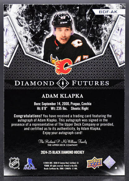 2024-25 UD Black Diamond Adam Klapka BDF-AK Calgary Flames RC Auto 54/99