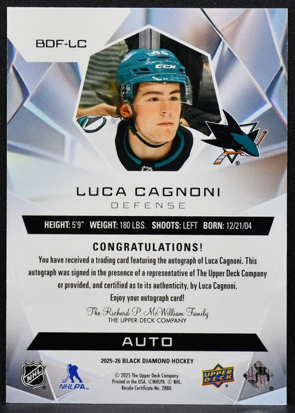 2025-26 Upper Deck Black Diamond Futures Auto Luca Cagnoni RC Auto 74/99 6216
