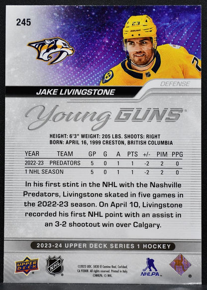 2023-24 Upper Deck Series 1 Young Guns Jake Livingstone 245 Predators RC 2638