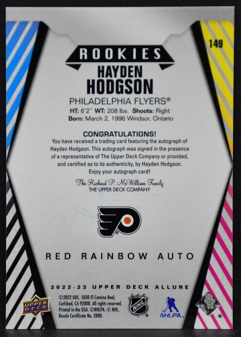 22-23 UD Allure Red Rainbow Auto Hayden Hodgson 149 Philadelphia Flyers RC Auto 4900