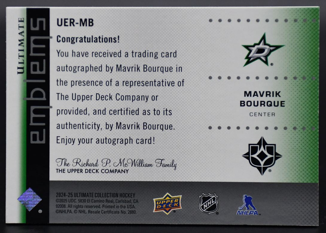 2024-25 UD Ultimate Collection Mavrik Bourque UER-MB Dallas Stars RC Auto