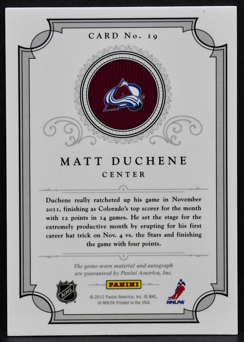 2012-13 Panini Peerless Patches Duchesne 19 Colorado Avalanche Auto 37/40 Patch 3859